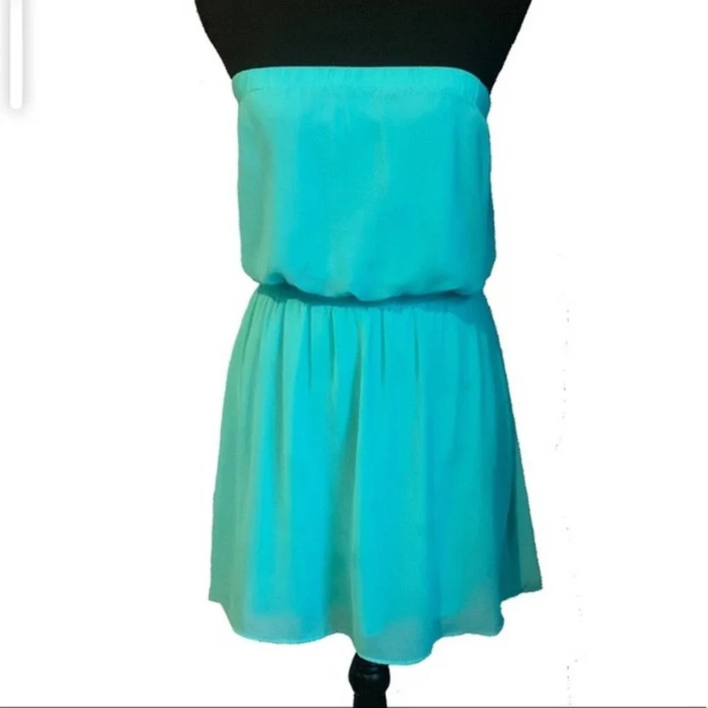 EXPRESS | Strapless Aqua Sheer Overlay Dress Small